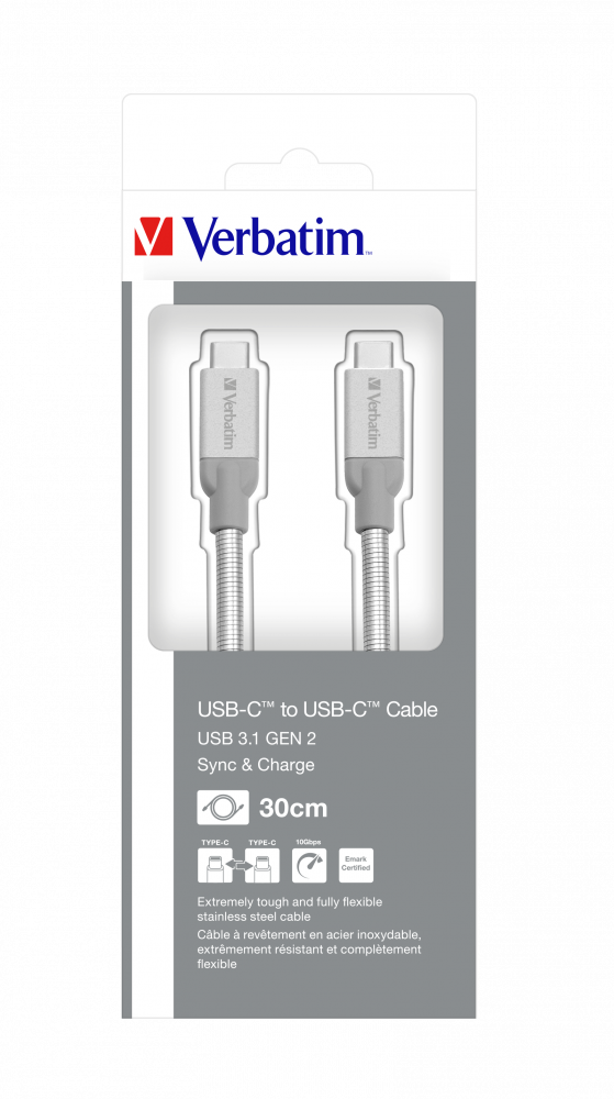 Verbatim USB-C till USB-C synkroniserings- och laddningskabel i rostfritt stål USB 3.1 GEN 2 30 cm