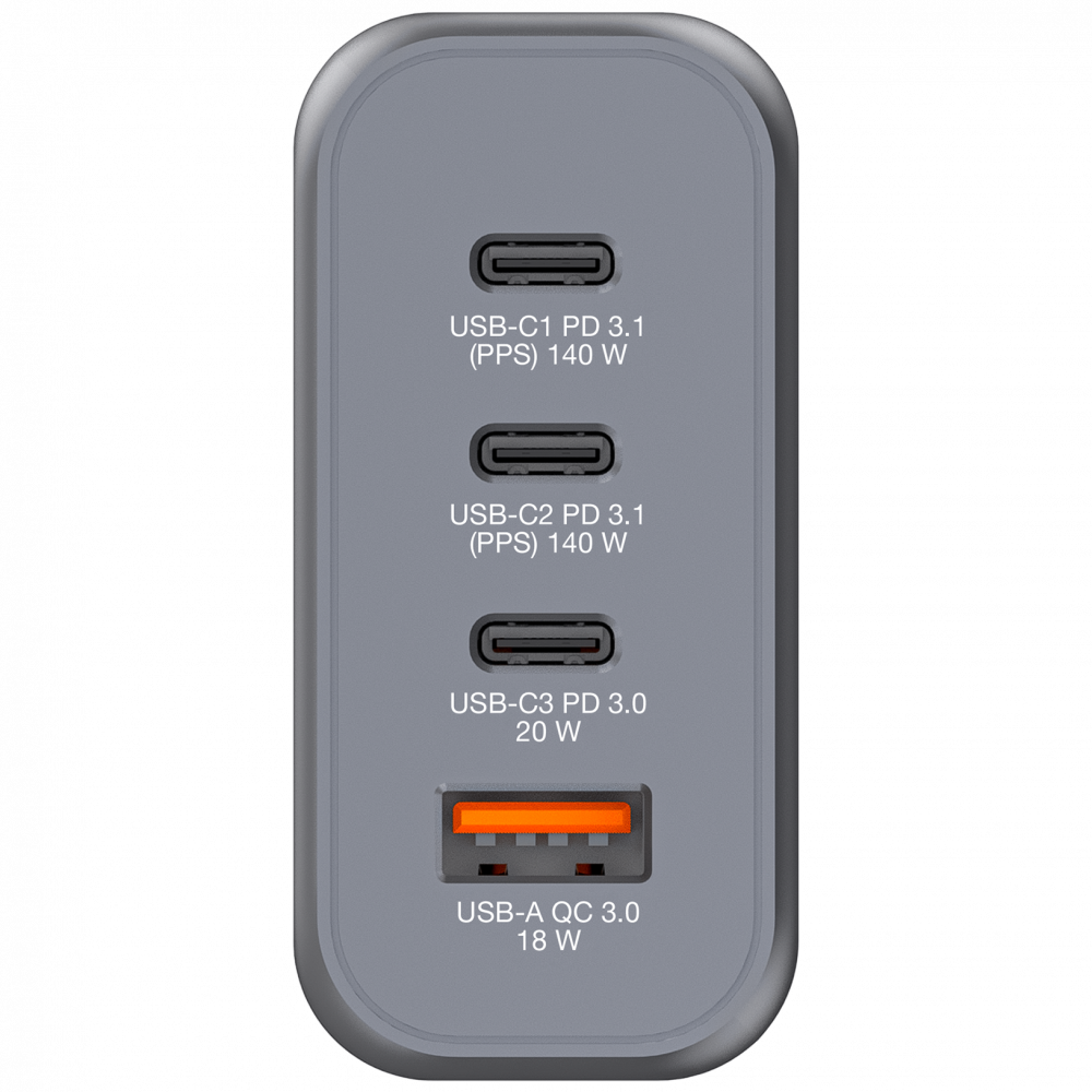 140 W GaN-väggladdare med 4 portar 2 x USB-C® PD 140 W / 1 x USB-C® PD 20 W / 1 x USB-A QC 3.0 (EU/UK/US)