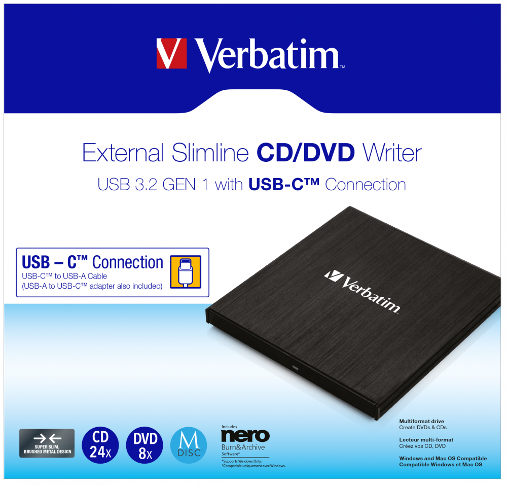 Extern smal CD/DVD-brännare med USB-C-anslutning 
