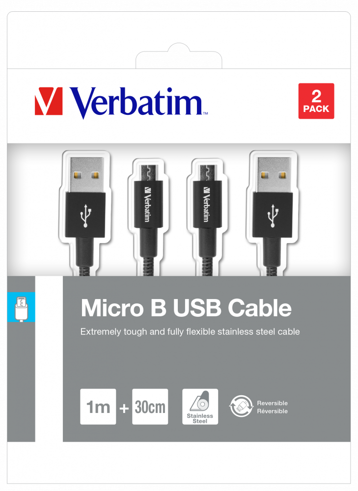 Micro-USB-kabel för synkronisering och laddning, 100 cm och 30 cm, svart, 2-pack