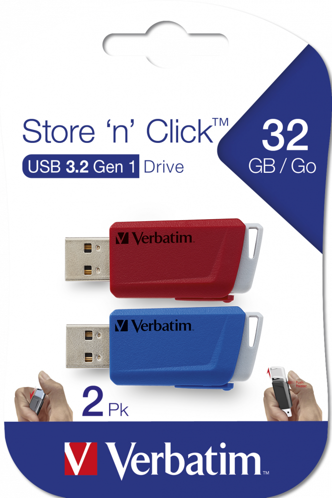 Store ’n’ Click USB-minne 2 x 32 GB, röd/blå